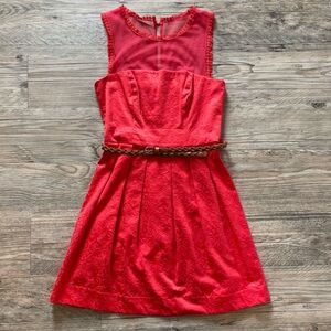Red Patterned Dress with Braided Belt